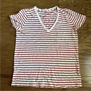Madewell Red and White Striped V Neck Pocket Short Sleeve Tee XXS